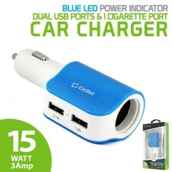 PUSBDC2BL - Cellet Universal High Power Dual USB Port & Cigarette Port 15W / 3.1Amps Dual USB Car Charger - Blue/White Full Catalog
