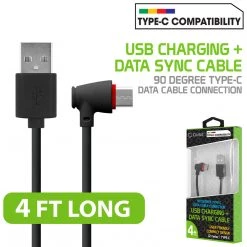 GoCellet DCA904BK - USB C To USB-A Cable With 90 Degree Connector 4 Feet Charging & Data Sync Cable