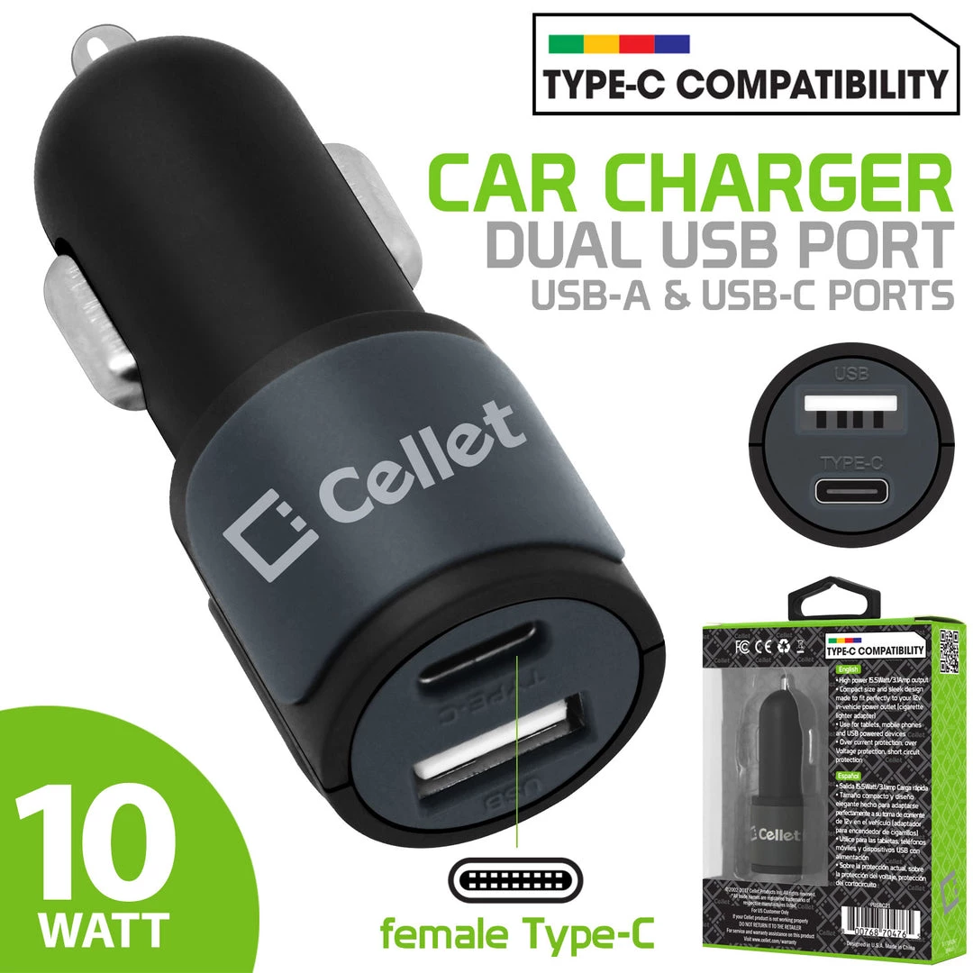 PUSBC21- Cellet Universal High Power 10W / 2.1A Dual USB A & USB C Port Car Charger Full Catalog 1 PUSBC21- Cellet Universal High Power 10W / 2.1A Dual USB A & USB C Port Car Charger Full Catalog