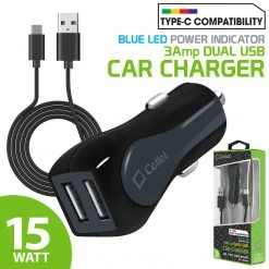 PUSBC3E - Cellet High Powered 3 Amp / 15W DUAL USB Type-C Car Charger Adapter For Samsung Galaxy S8, Samsung Galaxy S8 Plus, OnePlus 5, Google Pixel, Google Pixel XL, LG G6 (Type C Straight 4ft Cable Included)