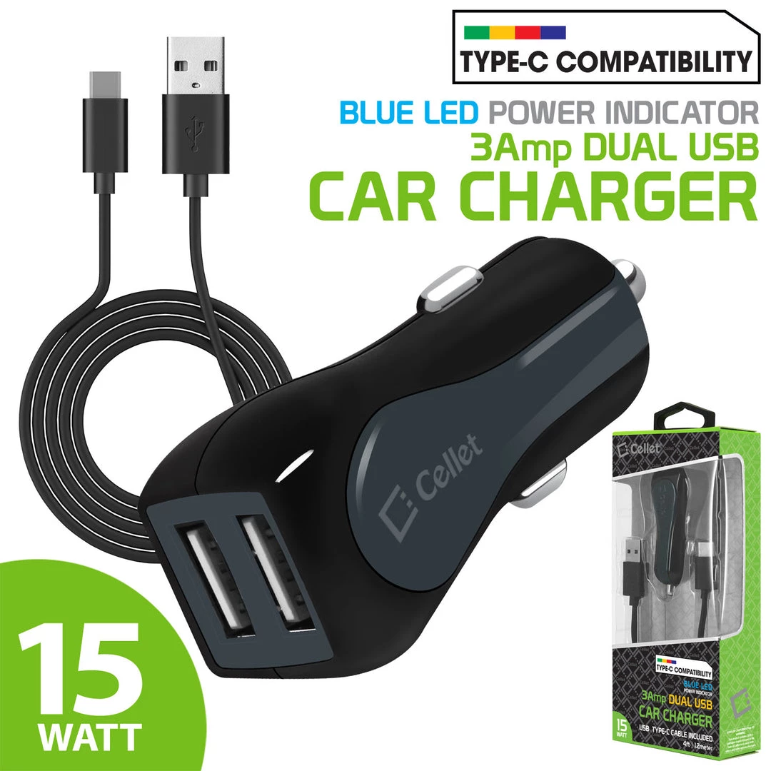 PUSBC3E - Cellet High Powered 3 Amp / 15W DUAL USB Type-C Car Charger Adapter For Samsung Galaxy S8, Samsung Galaxy S8 Plus, OnePlus 5, Google Pixel, Google Pixel XL, LG G6 (Type C Straight 4ft Cable Included) 1 PUSBC3E - Cellet High Powered 3 Amp / 15W DUAL USB Type-C Car Charger Adapter For Samsung Galaxy S8, Samsung Galaxy S8 Plus, OnePlus 5, Google Pixel, Google Pixel XL, LG G6 (Type C Straight 4ft Cable Included)