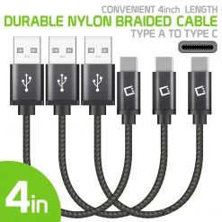 Full Catalog DCA4IN3 - 3 Pack Premium Type C Data Sync Cable, 4” Heavy Duty Nylon Braided Type C Charging/Data Sync Cable By Cellet
