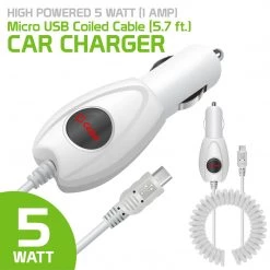 PMICRO1WT - High Powered 5 Watt (1 Amp) Micro USB Coiled Cable (5.7 Ft.) Car Charger By Cellet - White Full Catalog