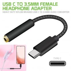 GoCellet DCAFEMB -USB C To 3.5mm Female Headphone Adapter, Heavy Duty Nylon Braided Audio Converter