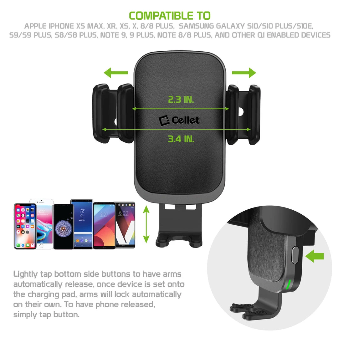 QI1000 - 2-in-1 Fast Wireless Charging Phone Holder Mount With Auto Touch Release And Lock Cradle, Lock Lever And Reusable Sticky Suction Cup For Air Vent And Dashboard (10 Watt/2.1Amp) Compatible To IPhone XS Max, XR And More - By Cellet Full Catalog 4 QI1000 - 2-in-1 Fast Wireless Charging Phone Holder Mount With Auto Touch Release And Lock Cradle, Lock Lever And Reusable Sticky Suction Cup For Air Vent And Dashboard (10 Watt/2.1Amp) Compatible To IPhone XS Max, XR And More - By Cellet Full Catalog