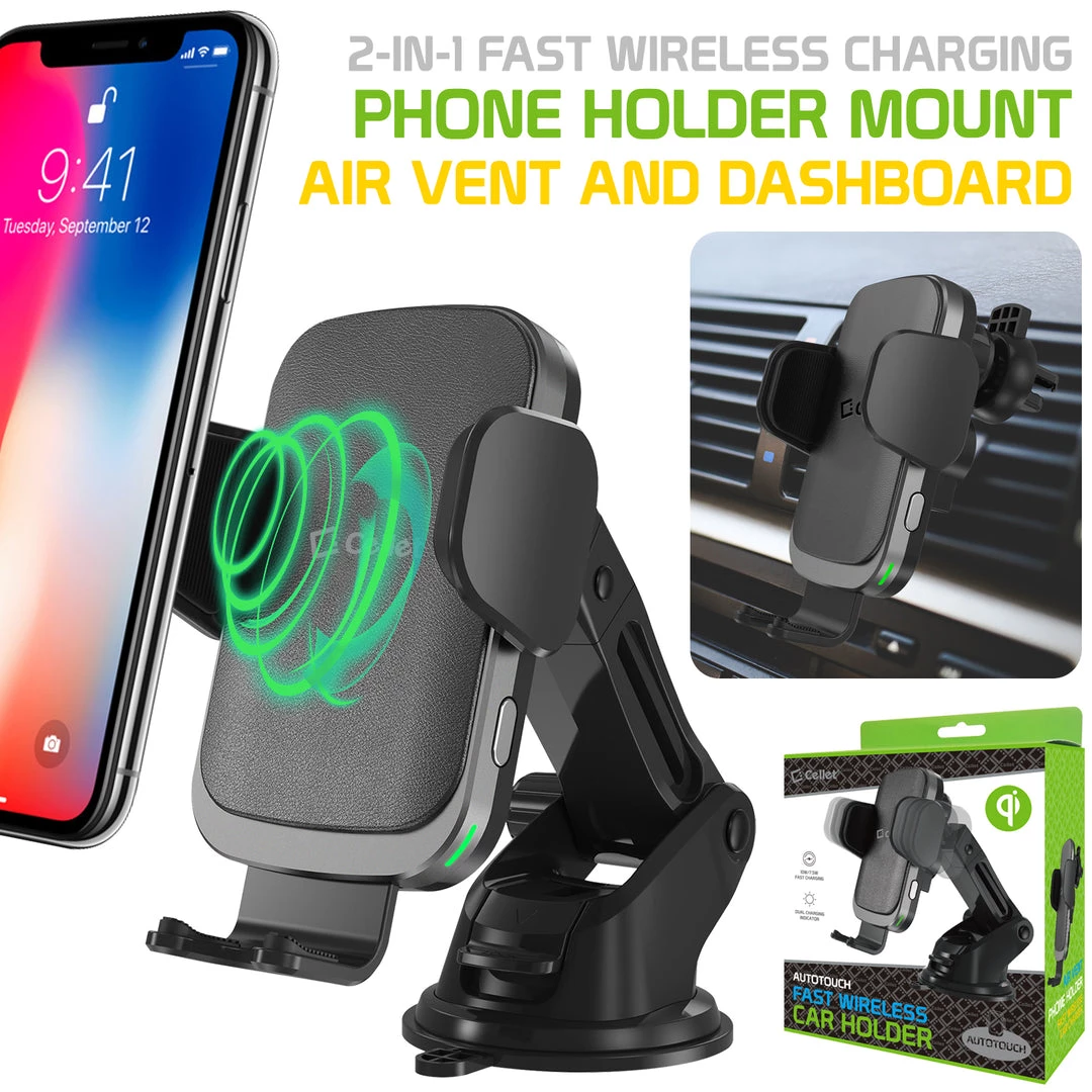 QI1000 - 2-in-1 Fast Wireless Charging Phone Holder Mount With Auto Touch Release And Lock Cradle, Lock Lever And Reusable Sticky Suction Cup For Air Vent And Dashboard (10 Watt/2.1Amp) Compatible To IPhone XS Max, XR And More - By Cellet Full Catalog 1 QI1000 - 2-in-1 Fast Wireless Charging Phone Holder Mount With Auto Touch Release And Lock Cradle, Lock Lever And Reusable Sticky Suction Cup For Air Vent And Dashboard (10 Watt/2.1Amp) Compatible To IPhone XS Max, XR And More - By Cellet Full Catalog