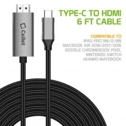 GoCellet Full Catalog DCHDMI6 - Cellet Male To Male USB C To HDMI Cable, 6 Ft. Type-C To 4K 60Hz HDMI Cable Compatible To IPad Pro 11in/12.9in, MacBook Air 2018/2017/2016, Google Chromebook Pixel, Nintendo Switch, Huawei MateBook - Space Gray