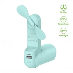 Cellet Full Catalog FAN300BL- Portable Multi Function Power Bank, Flashlight & Mini Fan, USB Powered -Blue