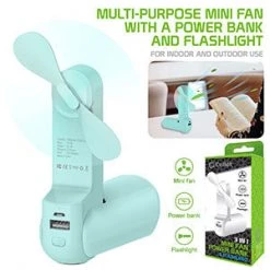 Cellet Full Catalog FAN300BL- Portable Multi Function Power Bank, Flashlight & Mini Fan, USB Powered -Blue
