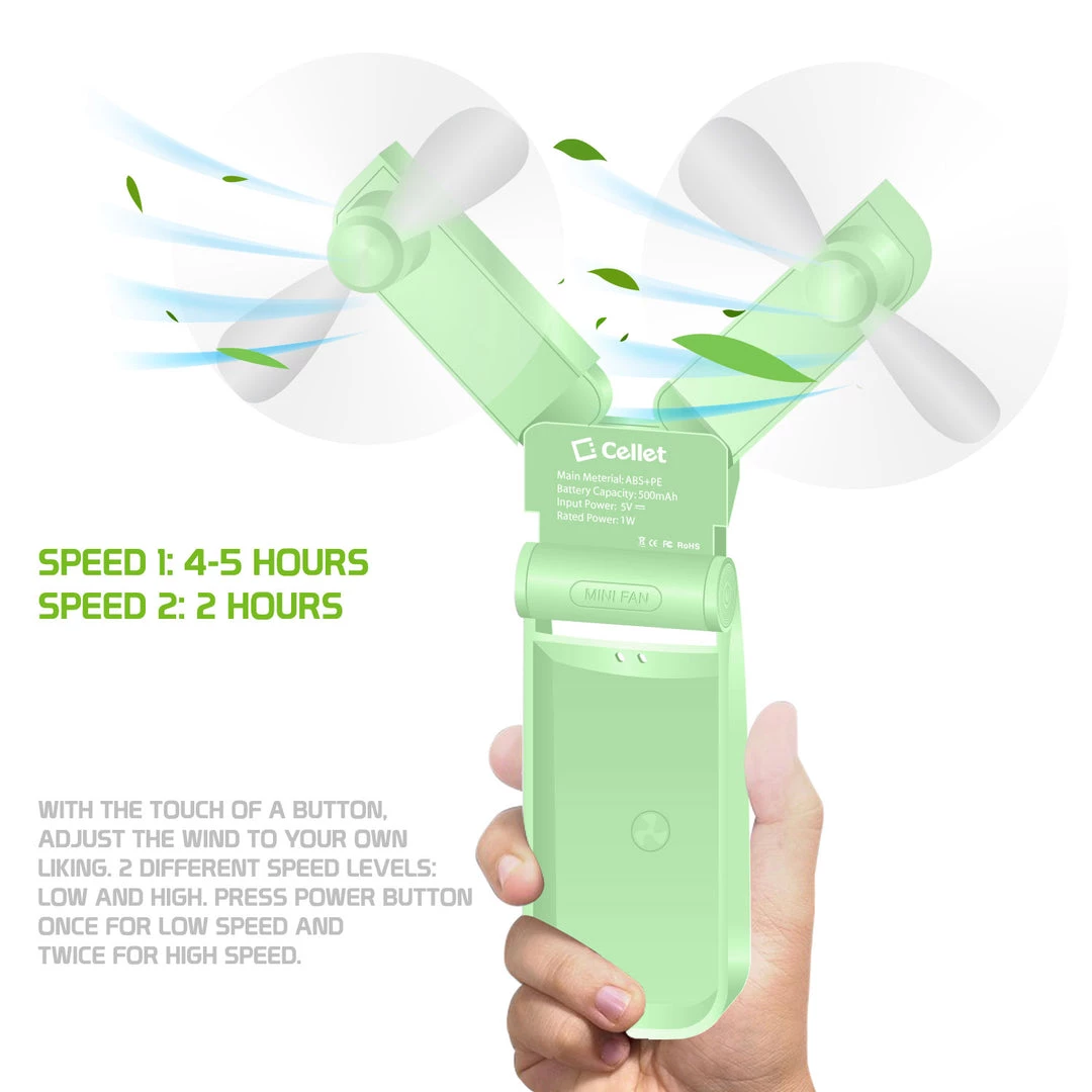 GoCellet FAN500GR- 2 In 1 Mini Handheld Fan 500mAh Dual Fan Heads - Green 4 GoCellet FAN500GR- 2 In 1 Mini Handheld Fan 500mAh Dual Fan Heads - Green