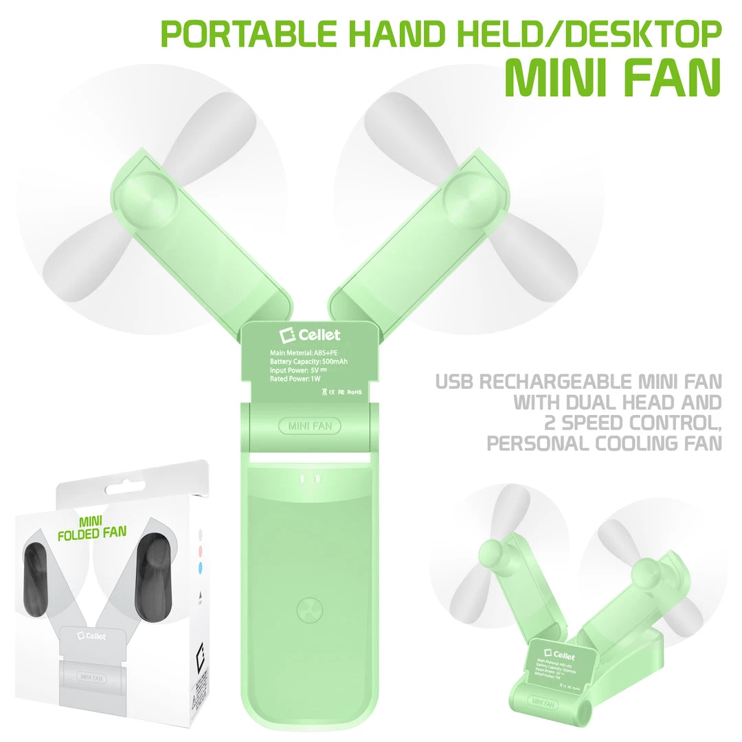 GoCellet FAN500GR- 2 In 1 Mini Handheld Fan 500mAh Dual Fan Heads - Green 1 GoCellet FAN500GR- 2 In 1 Mini Handheld Fan 500mAh Dual Fan Heads - Green
