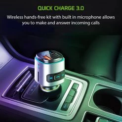 GoCellet PQCFM20 -Multi-functional Wireless V5.0 FM Transmitter For Cars, Hands-Free Kit With Built-in Microphone, MP3, Dual USB Charging Ports (Quick Charge 3.0) And Rainbow LED Light