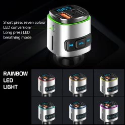 GoCellet PQCFM20 -Multi-functional Wireless V5.0 FM Transmitter For Cars, Hands-Free Kit With Built-in Microphone, MP3, Dual USB Charging Ports (Quick Charge 3.0) And Rainbow LED Light