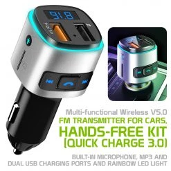 GoCellet PQCFM20 -Multi-functional Wireless V5.0 FM Transmitter For Cars, Hands-Free Kit With Built-in Microphone, MP3, Dual USB Charging Ports (Quick Charge 3.0) And Rainbow LED Light