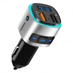 GoCellet PQCFM20 -Multi-functional Wireless V5.0 FM Transmitter For Cars, Hands-Free Kit With Built-in Microphone, MP3, Dual USB Charging Ports (Quick Charge 3.0) And Rainbow LED Light