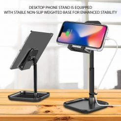 Cellet PH150BK - Adjustable Desktop Smartphone And Tablet Stand, Heavy Duty Adjustable Phone Stand With Mini Shelf, Non-Slip Rubberized Grips And Base Compatible To Smartphones, Tablets, IPads And Nintendo Switch – Black