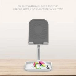 Cellet PH150BK - Adjustable Desktop Smartphone And Tablet Stand, Heavy Duty Adjustable Phone Stand With Mini Shelf, Non-Slip Rubberized Grips And Base Compatible To Smartphones, Tablets, IPads And Nintendo Switch – Black