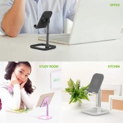 Cellet PH150BK - Adjustable Desktop Smartphone And Tablet Stand, Heavy Duty Adjustable Phone Stand With Mini Shelf, Non-Slip Rubberized Grips And Base Compatible To Smartphones, Tablets, IPads And Nintendo Switch – Black
