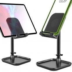 Cellet PH150BK - Adjustable Desktop Smartphone And Tablet Stand, Heavy Duty Adjustable Phone Stand With Mini Shelf, Non-Slip Rubberized Grips And Base Compatible To Smartphones, Tablets, IPads And Nintendo Switch – Black