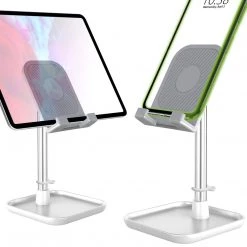 Cellet PH150SL - Adjustable Desktop Smartphone And Tablet Stand, Heavy Duty Adjustable Phone Stand With Mini Shelf, Non-Slip Rubberized Grips And Base Compatible To Smartphones, Tablets, IPads And Nintendo Switch – Silver