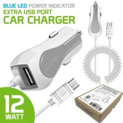 PMICROMSWT - Cellet High Powered 12 Watt (2.4 Amp) Micro USB Car Charger With Extra USB Port And Coiled Cable - White Full Catalog