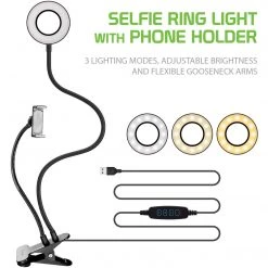 Cellet New Arrivals RINGLIGHT-Selfie Ring Light With Phone Holder, USB Powered LED Ring Light And Phone Holder With 3 Lighting Modes, Adjustable Brightness And Flexible Gooseneck Arms For Live Streaming, Video Conferences, Filming, Pictures Compatible To IPhones And Androids