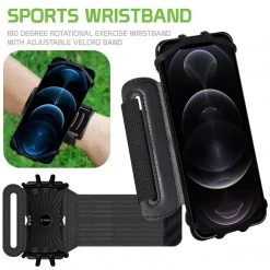 Cellet Full Catalog NEOARM490 - Sports Wristband, 180 Degree Rotational Exercise Wristband With Adjustable Velcro Band For Jogging, Biking And Hiking Compatible To Apple IPhone 11/11 Pro/11 Pro Max, Samsung Galaxy S20/S20 Plus/S20 Ultra And Other 4-6 Inch Phones - Black