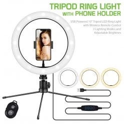 Cellet ACTRIPODRL10 -Tripod Ring Light With Wireless Remote Control, USB Powered 10" Tripod LED Ring Light, Phone Holder, 3 Lighting Modes And Adjustable Brightness For Live Streaming, Video Conferences, Filming, Pictures Compatible To IPhones And Androids