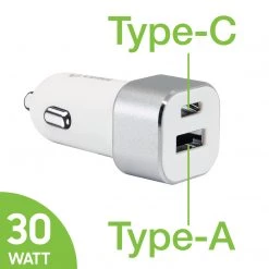 Cellet Wholesale New Arrivals PC30WWT - Dual USB Car Charger, Universal High Power 30 Watt Dual (USB A & USB C) Port Car Charger By Cellet - White
