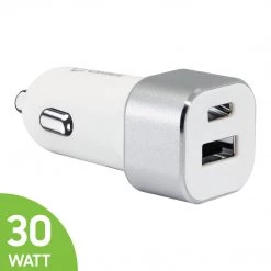 Cellet Wholesale New Arrivals PC30WWT - Dual USB Car Charger, Universal High Power 30 Watt Dual (USB A & USB C) Port Car Charger By Cellet - White