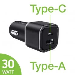 Cellet Wholesale New Arrivals PC30WBK - Dual USB Car Charger, Universal High Power 30 Watt Dual (USB A & USB C) Port Car Charger By Cellet - Black