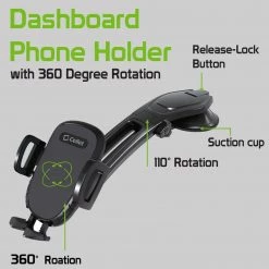 Cellet Wholesale Full Catalog PHC82 - Dashboard Phone Mount, Universal Suction Cup Dashboard Phone Holder With 360 Degree Rotation, One Touch Arm Release Button & Lock Lever Compatible To IPhone 12 Pro Max, 12 / 12 Pro, 12 Mini, Samsung Galaxy S21 / S21 Plus, S21 Ultra & More