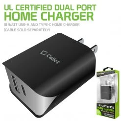 GoCellet TC180BK - UL Certified Dual Port Home Charger, 18 Watt USB-A And Type-C Home Charger (Cable Sold Separately) Compatible To Samsung Galaxy S21, S21 Plus, S21 Ultra, Tablets, IPads And More – Black