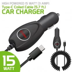 Cellet Wholesale PC3000 - High Powered 15 Watt (3 Amp) Type-C Coiled Cable (5.7 Ft.) Car Charger By Cellet - Black New Arrivals