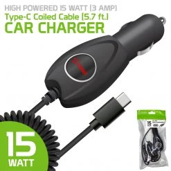 Cellet Wholesale PC3000 - High Powered 15 Watt (3 Amp) Type-C Coiled Cable (5.7 Ft.) Car Charger By Cellet - Black New Arrivals