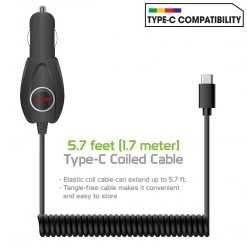 Cellet Wholesale PC3000 - High Powered 15 Watt (3 Amp) Type-C Coiled Cable (5.7 Ft.) Car Charger By Cellet - Black New Arrivals