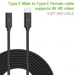 Cellet Wholesale New Arrivals DCCEXT - Type-C Male To Type-C Female Cable, Cellet 3.3ft (1m) Braided USB Type-C Male To Type-C Female Data Cable Compatible To Samsung Galaxy S20, S20 Plus, S20 Ultra, IPhone 12, 12 Pro Max, IPads And Other Type C Devices – Black