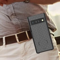 Cellet Wholesale New Arrivals HLGOOPX6P - Pixel 6 Pro Holster, Shell Holster Kickstand Case With Spring Belt Clip For Google Pixel 6 Pro – Black – By Cellet