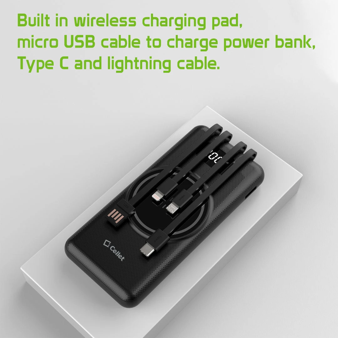 Cellet Wholesale QIMS1000 - Wireless Portable Charger, Magnetic 10000mAh Portable Power Bank With Wireless Charging Pad, Smart Digital Display Screen And Built In Lightning, Type-C And Micro USB Cable - Black 5 Cellet Wholesale QIMS1000 - Wireless Portable Charger, Magnetic 10000mAh Portable Power Bank With Wireless Charging Pad, Smart Digital Display Screen And Built In Lightning, Type-C And Micro USB Cable - Black