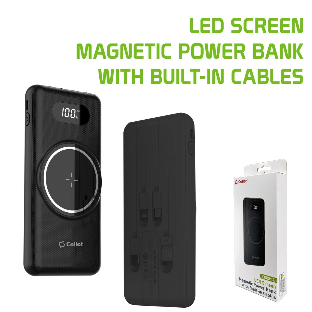 Cellet Wholesale QIMS1000 - Wireless Portable Charger, Magnetic 10000mAh Portable Power Bank With Wireless Charging Pad, Smart Digital Display Screen And Built In Lightning, Type-C And Micro USB Cable - Black 1 Cellet Wholesale QIMS1000 - Wireless Portable Charger, Magnetic 10000mAh Portable Power Bank With Wireless Charging Pad, Smart Digital Display Screen And Built In Lightning, Type-C And Micro USB Cable - Black
