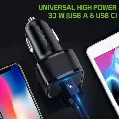 Cellet Wholesale PC30WCBK - Dual USB Car Charger, Universal High Power 30 Watt Dual (USB A & USB C) Port Car Charger With Type C Cable Included Compatible To Compatible To IPhone 13 Pro, 13 Pro Max, 13 Mini, Samsung Galaxy Z Fold3, Z Flip3, S21 Ultra By Cellet - Black Full Catalog