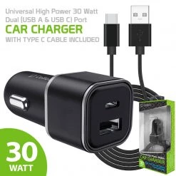 Cellet Wholesale PC30WCBK - Dual USB Car Charger, Universal High Power 30 Watt Dual (USB A & USB C) Port Car Charger With Type C Cable Included Compatible To Compatible To IPhone 13 Pro, 13 Pro Max, 13 Mini, Samsung Galaxy Z Fold3, Z Flip3, S21 Ultra By Cellet - Black Full Catalog