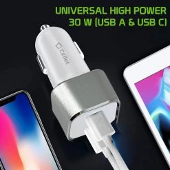 Cellet Wholesale Full Catalog PC30WCWT - Dual USB Car Charger, Universal High Power 30 Watt Dual (USB A & USB C) Port Car Charger With Type C Cable Included Compatible To Compatible To IPhone 13 Pro, 13 Pro Max, 13 Mini, Samsung Galaxy Z Fold3, Z Flip3, S21 Ultra By Cellet - White