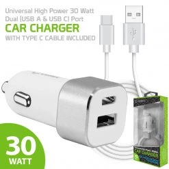 Cellet Wholesale Full Catalog PC30WCWT - Dual USB Car Charger, Universal High Power 30 Watt Dual (USB A & USB C) Port Car Charger With Type C Cable Included Compatible To Compatible To IPhone 13 Pro, 13 Pro Max, 13 Mini, Samsung Galaxy Z Fold3, Z Flip3, S21 Ultra By Cellet - White