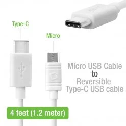 DCMICRO4WT - Cellet Micro USB To USB Reversible Type-C Cable For Nexus 5X, Nexus 6P, Nokia Lumia 950/950 XL, OnePlus 2, Nokia N1, LG G5, HTC 10, Samsung Galaxy Note 7, Android Devices And More - White