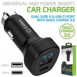 PQC3036BK - Dual USB Car Charger, Universal High Power 36Watt Dual (USB A & USB C) Port Car Charger With Quick Charge 3.0 By Cellet - Black Full Catalog